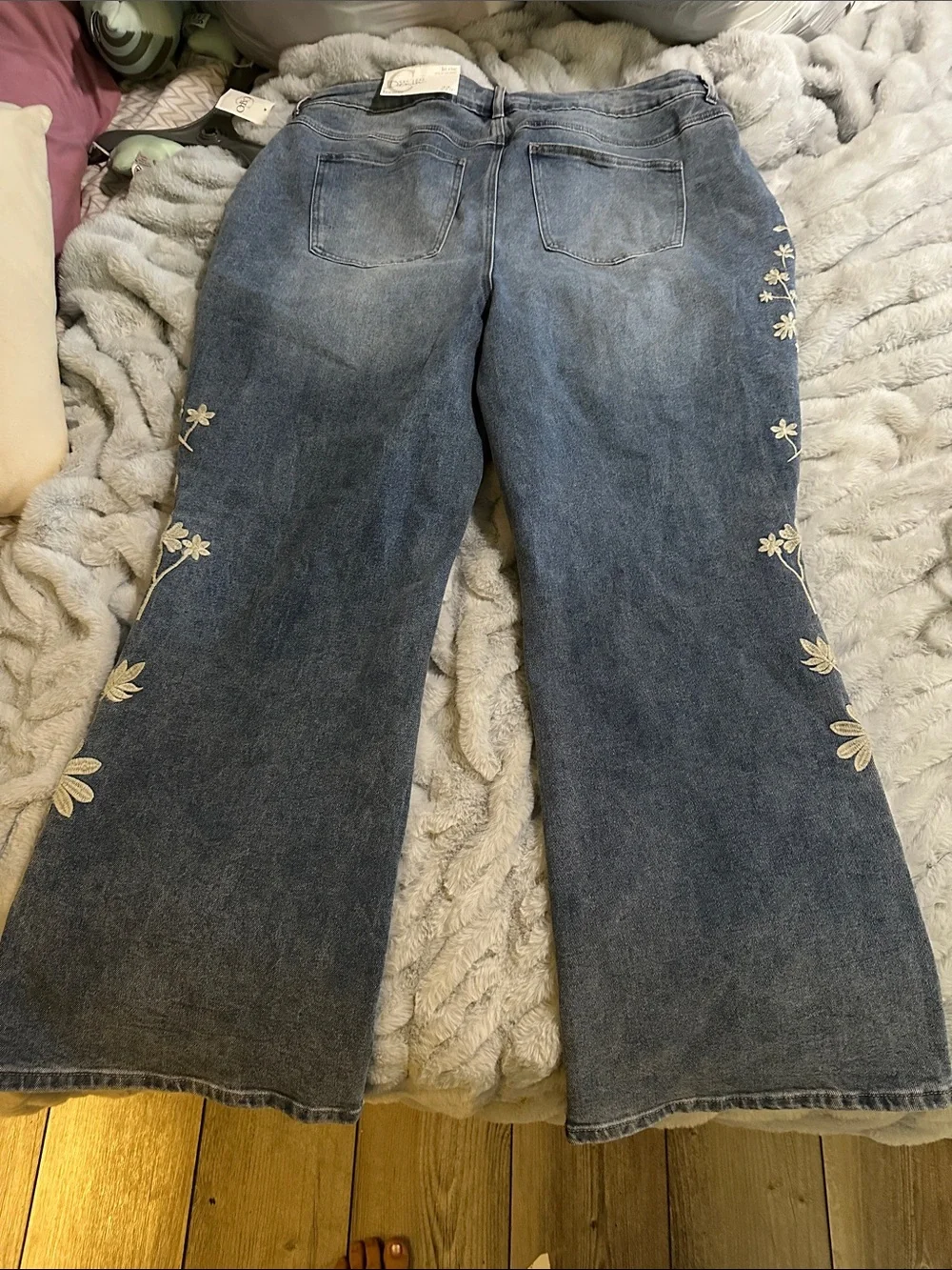 Blue Flare Jeans with Cream Floral Embroidery